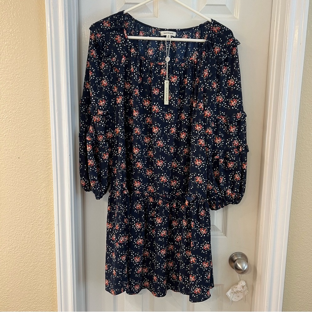 Max Studio Navy Floral Tiered Long Sleeve Dress